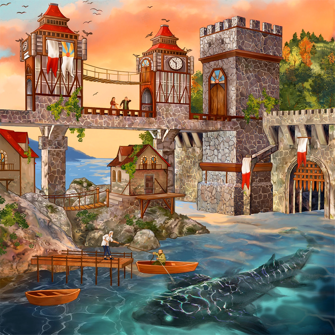 illustration of a bridge city with a shark in the water